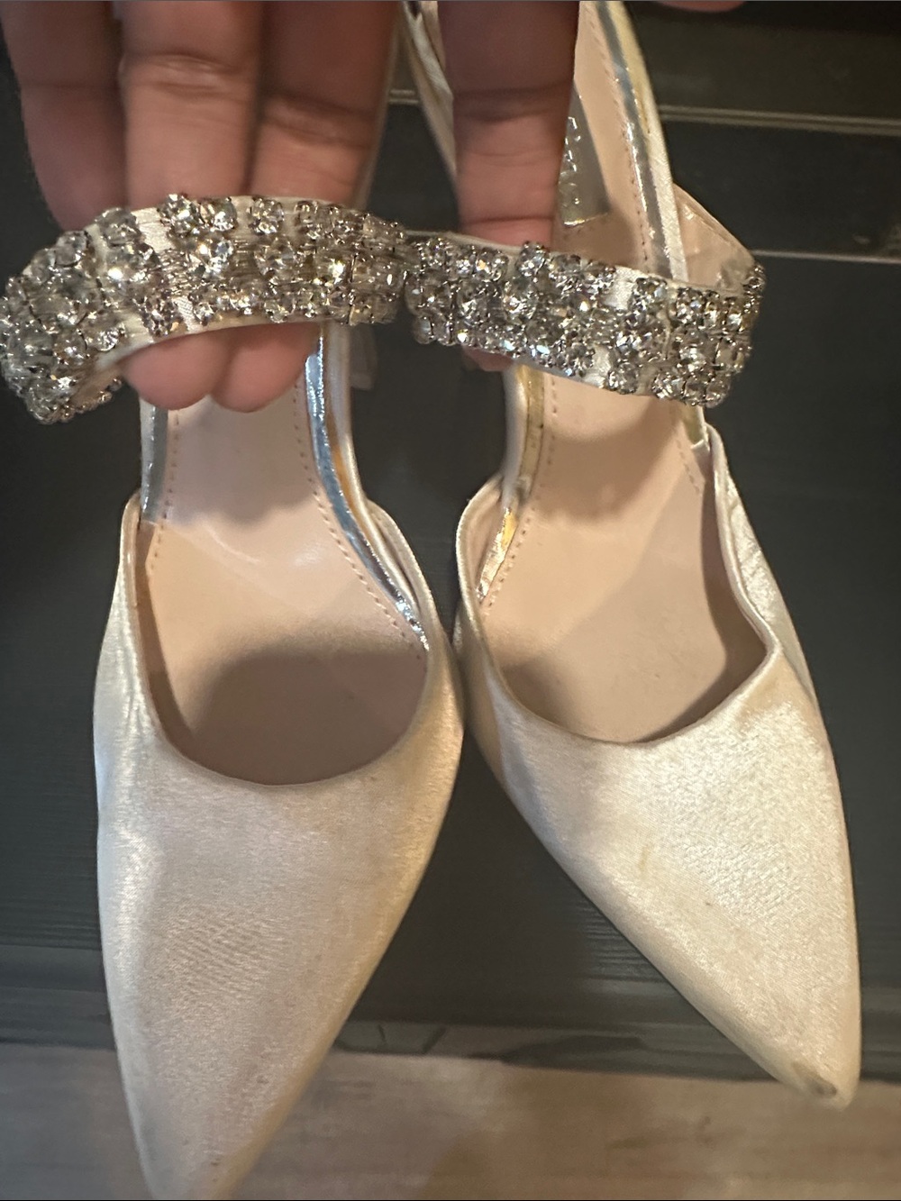Women's Off-White Satin Pointed-Toe Slingback Heels with Crystal Strap - Size 8